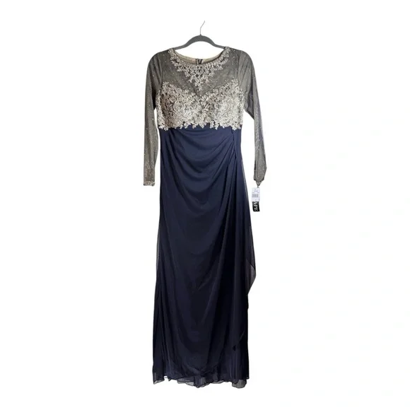slim fit dress slacks Betsy & Adam Women's V-Neck Cascade Ruffle High-Low Gown - Purple